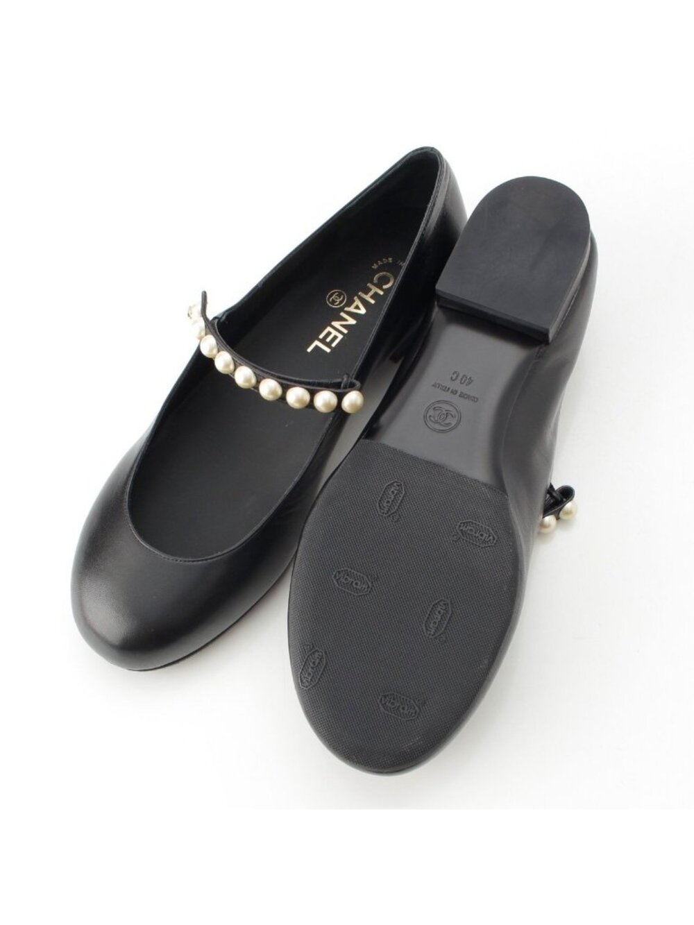 Chanel 40C Mary Jane Goatskin CC Logo Pumps Pearl Shoes Black 40C - Picture 5 of 10